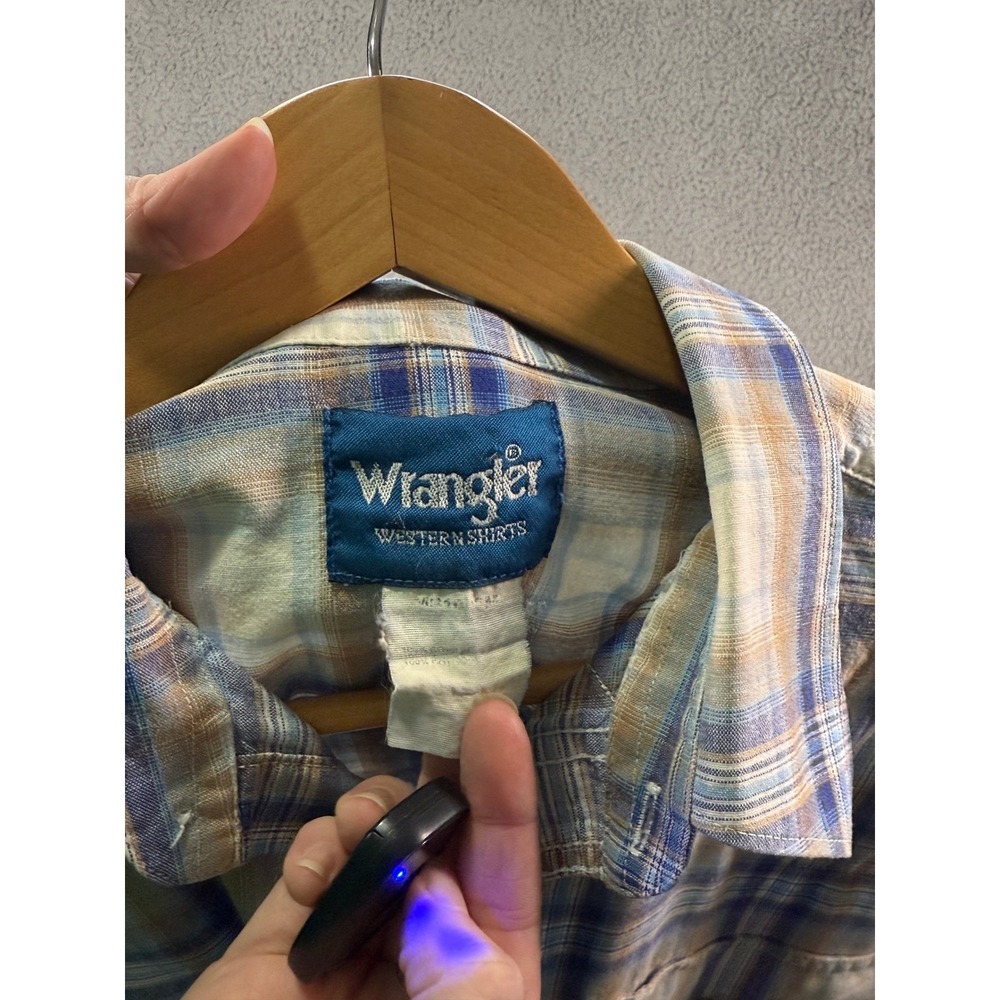 Wrangler Western Shirt Men XL Pearl Snap Plaid Blue Tan Cotton Vintage 90s Style - Picture 4 of 5